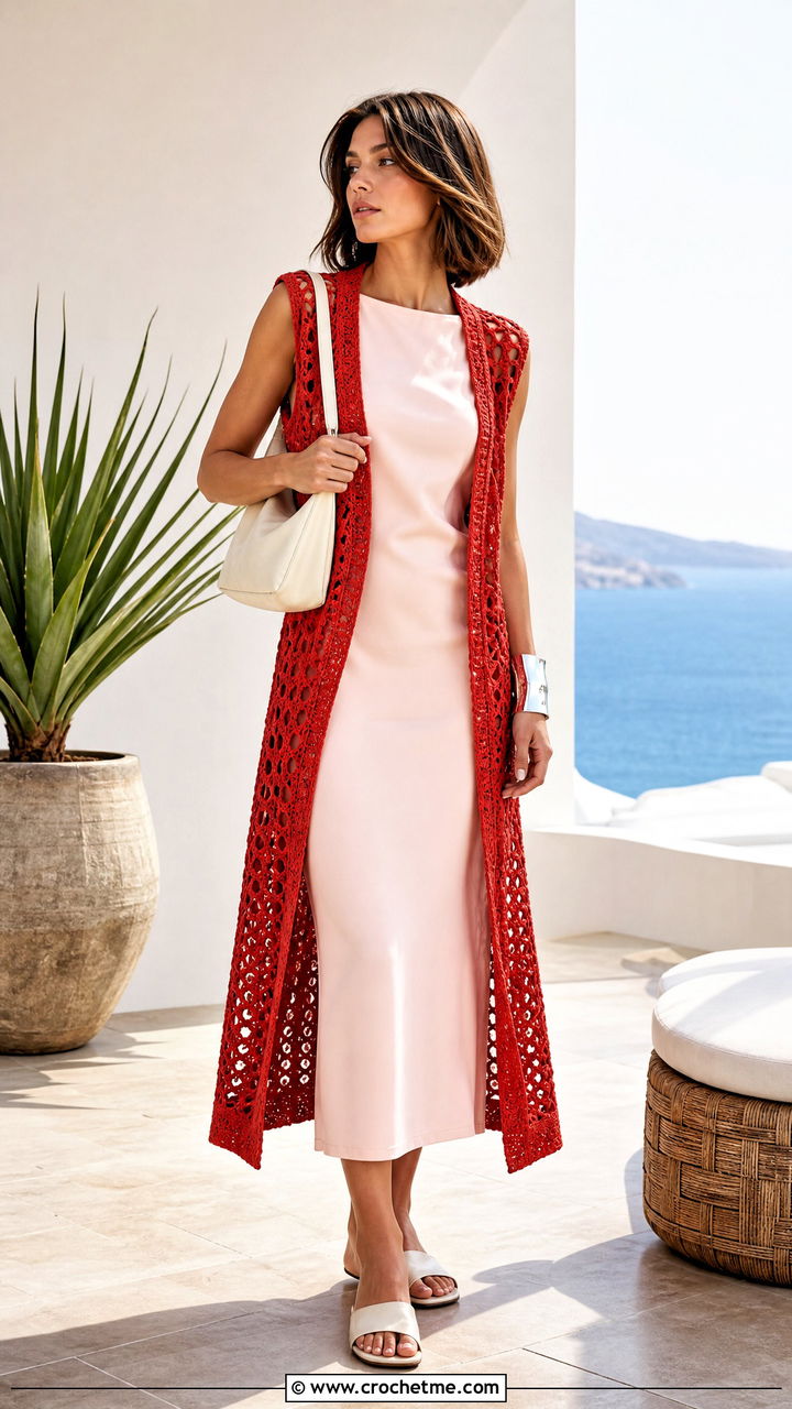 Longline Crochet Vest With Column Dress - 35 easy crochet vest outfit ideas