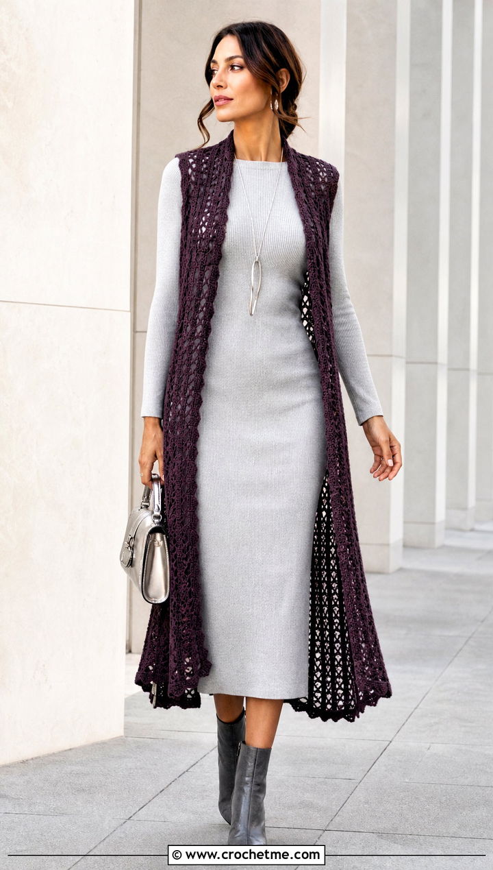 Longline Crochet Vest With Column Dress - 25 Easy Crochet Vest For Beginners outfit ideas