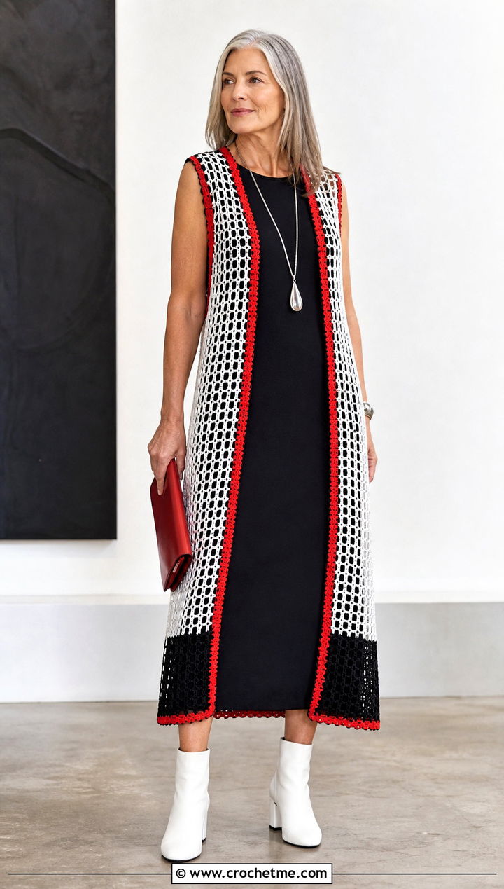 Longline Crochet Vest With Column Dress - 30 black and white crochet vest outfit ideas