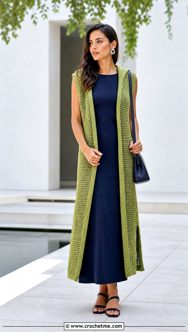 Longline Crochet Vest With Hood And Column Dress - 30 crochet vest with hood outfit ideas