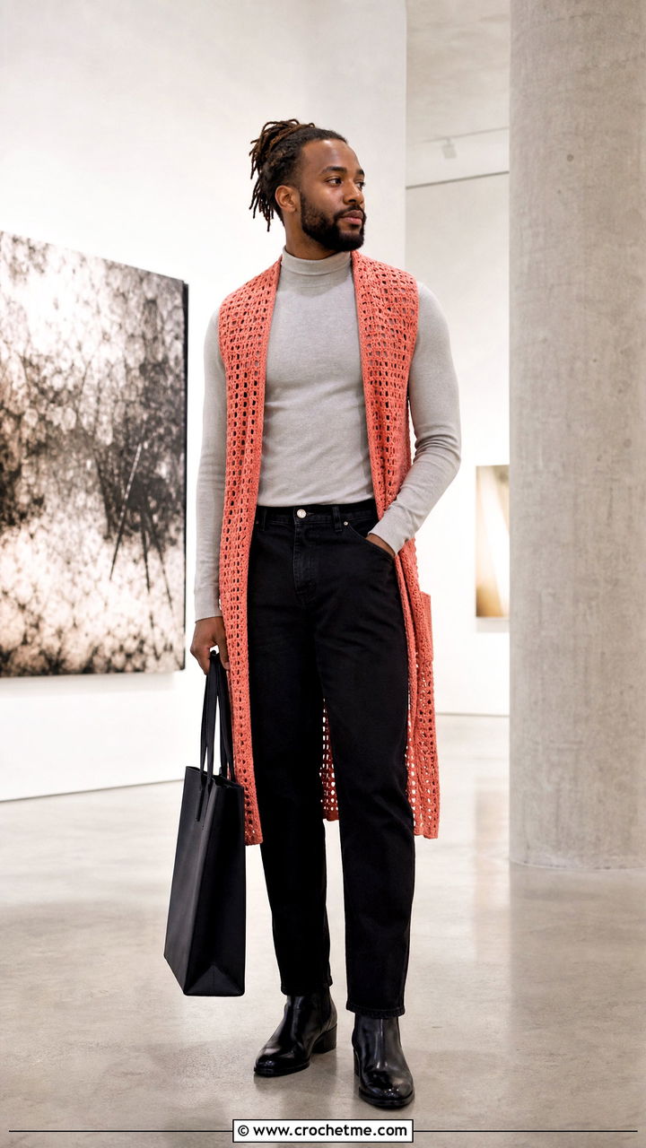 Longline Crochet Vest With Mock Neck Top And Black Jeans - 35 crochet vest for men outfit ideas