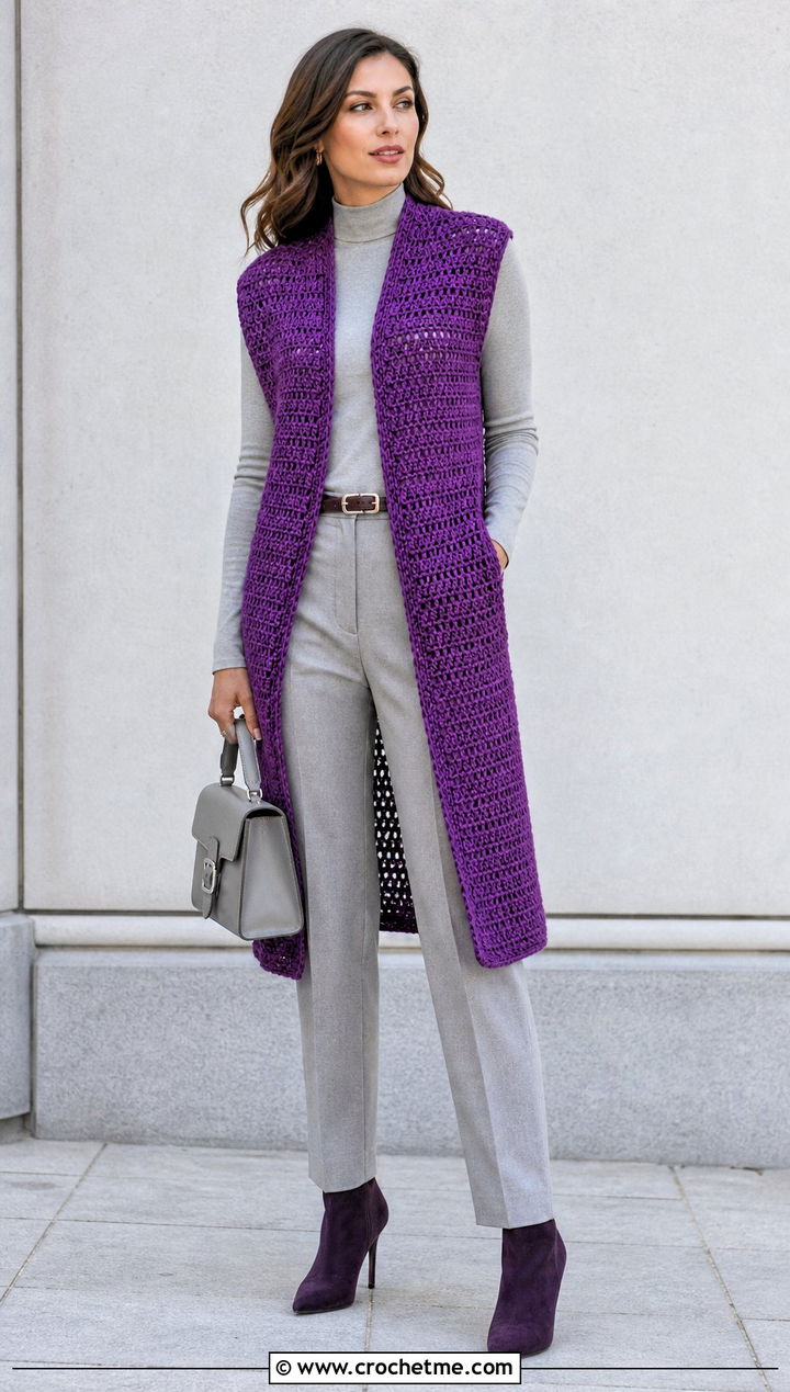Longline Crochet Vest With Monochrome Basics - 15 Crochet Fall Vest outfit ideas