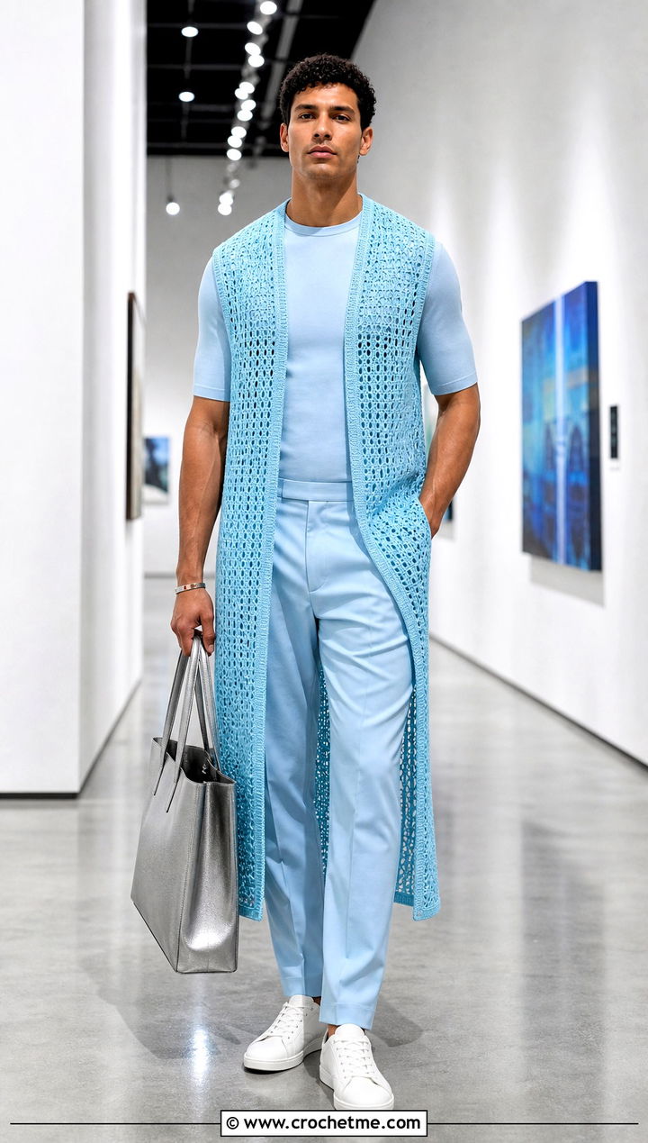 Longline Crochet Vest With Monochrome Outfit - 30 men's crochet vest outfit ideas