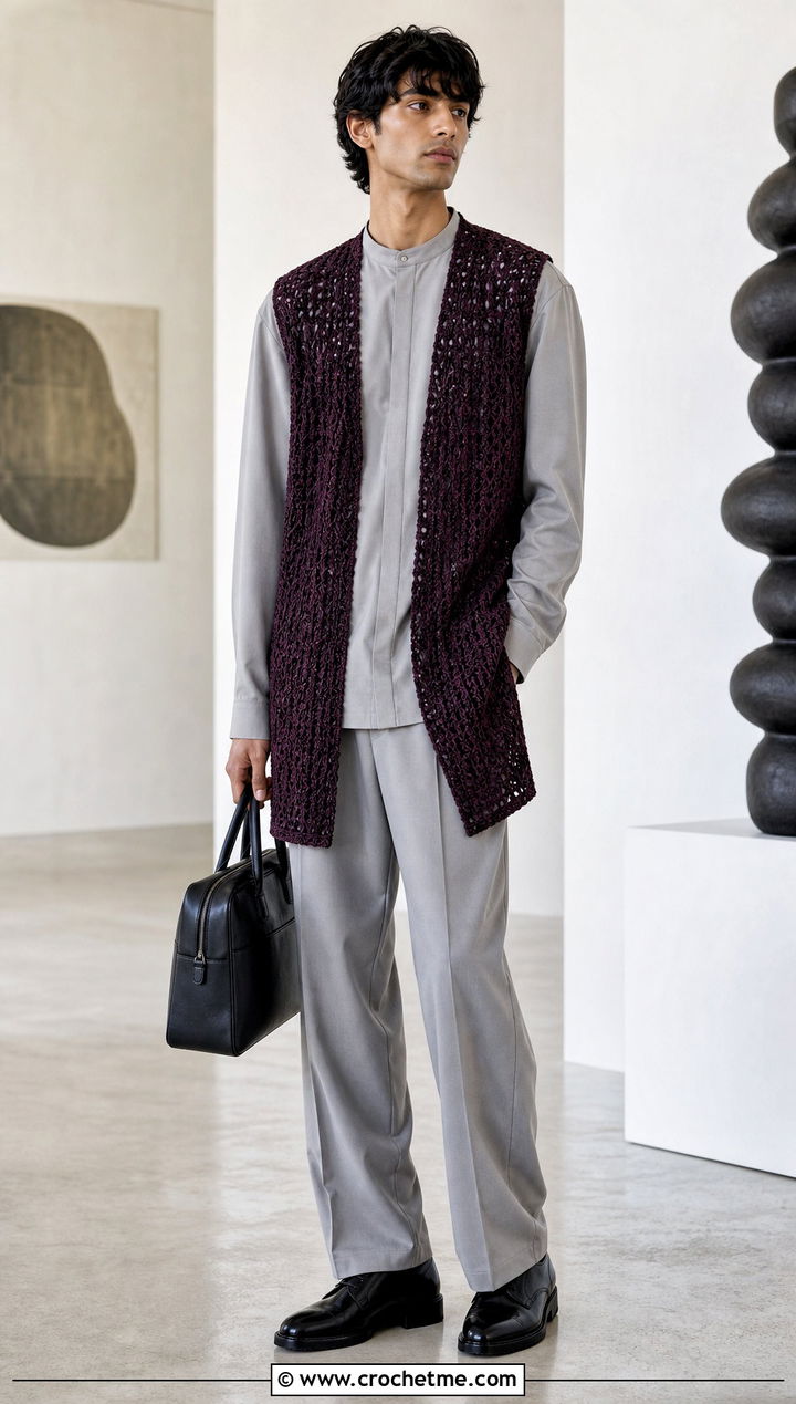 Longline Crochet Vest With Monochrome Tailoring - 30 Mens Crochet Outfit ideas