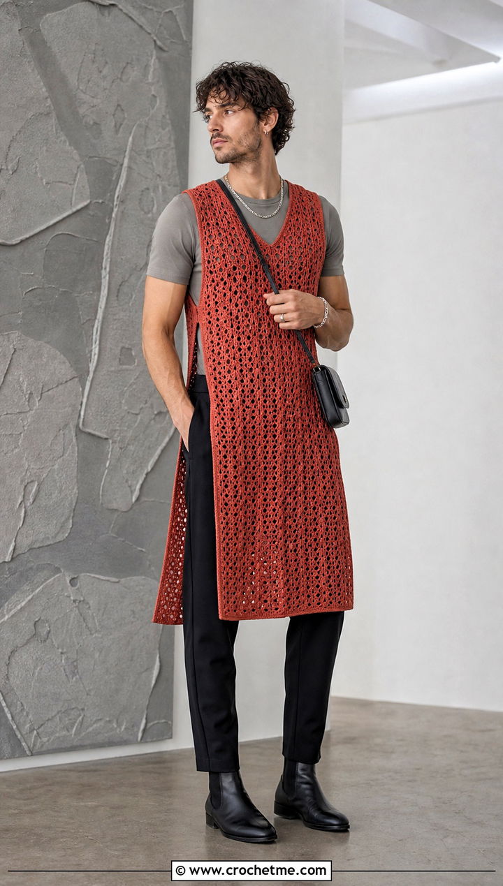 Longline Crochet Vest With T Shirt And Tapered Trousers - 30 mens crochet vest outfit ideas