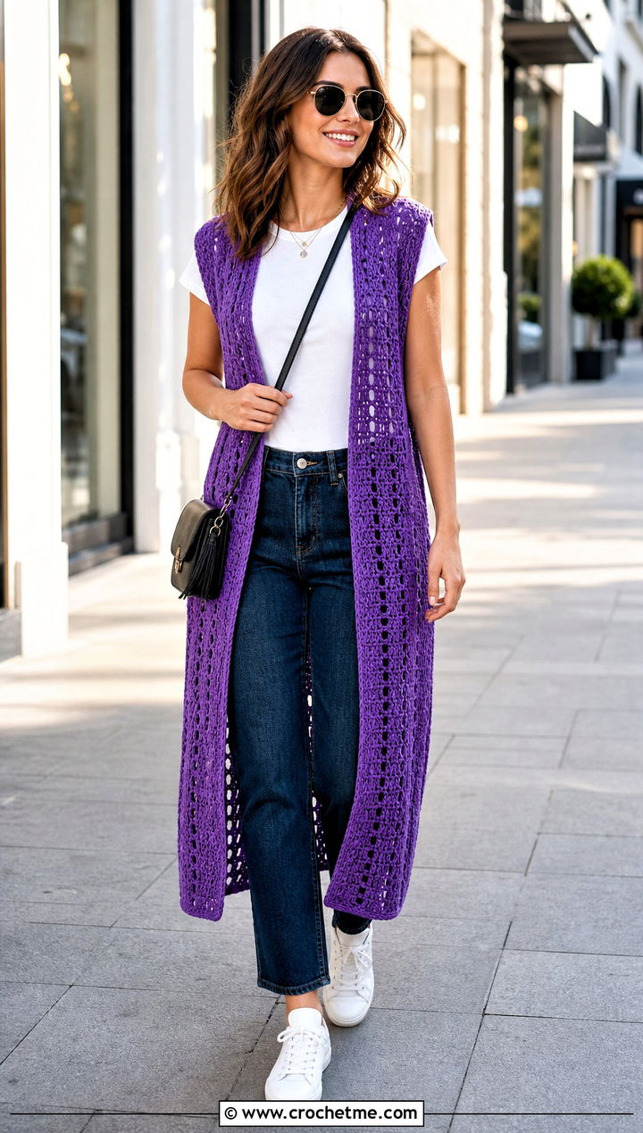 Longline Crochet Waistcoat With T Shirt And Straight Leg Jeans - 20 ladies crochet waistcoat outfit ideas