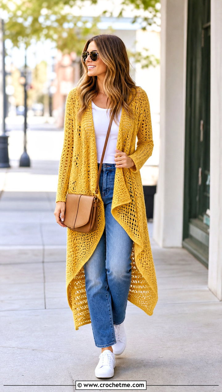 Longline Crochet Waterfall Cardigan With Straight Leg Jeans - 25 crochet waterfall cardigan outfit ideas