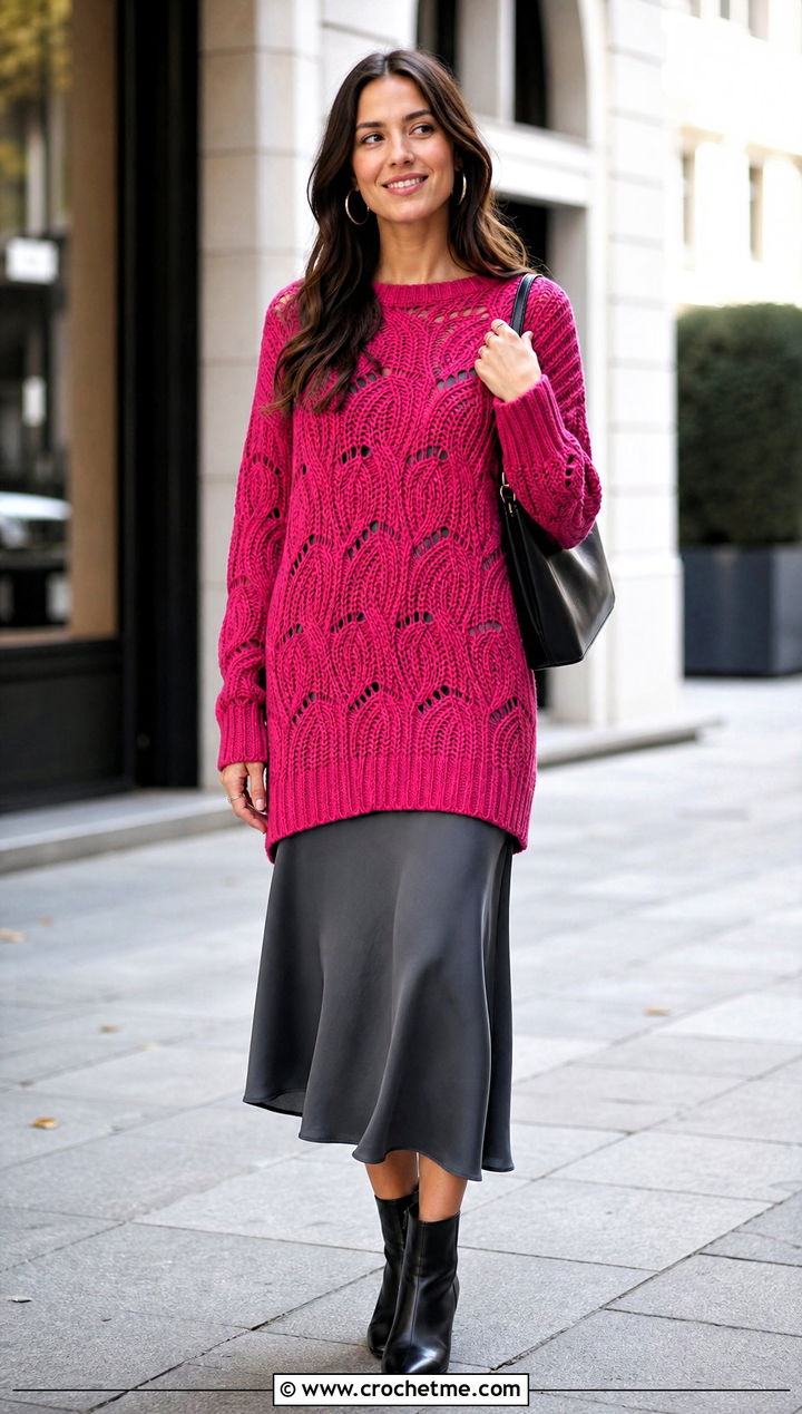Longline Crochet Wave Sweater Over A Slip Dress - 30 crochet wave sweater outfit ideas