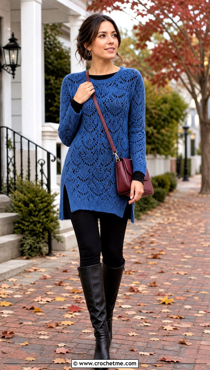 Longline Crochet Wave Sweater With Leggings And Knee Boots - 30 crochet wave sweater outfit ideas