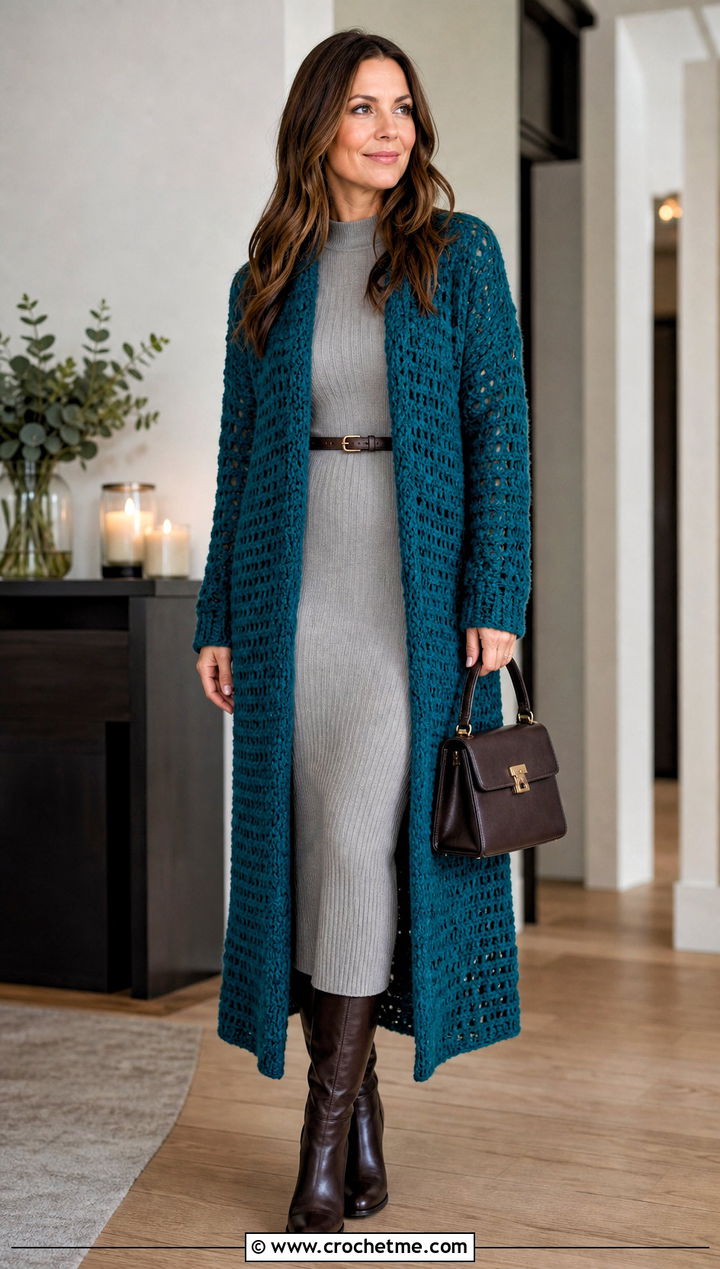 Longline Crochet Winter Cardigan With A Knit Dress - 25 crochet winter cardigan outfit ideas