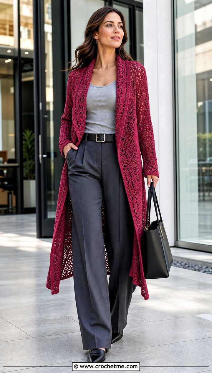 Longline Crochet Wrap Cardigan With Pleated Trousers - 35 crochet wrap with sleeves outfit ideas