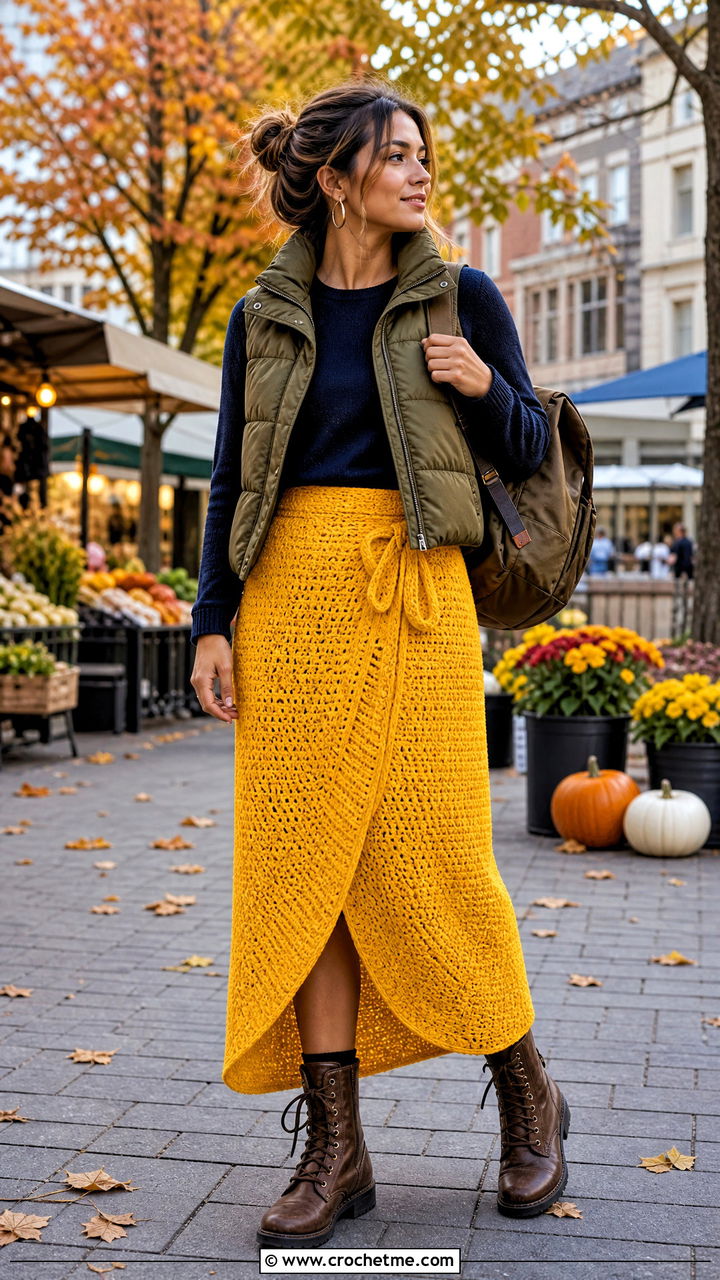 Longline Crochet Wrap Skirt With Puffer Vest - 35 crochet wrap skirt outfit ideas