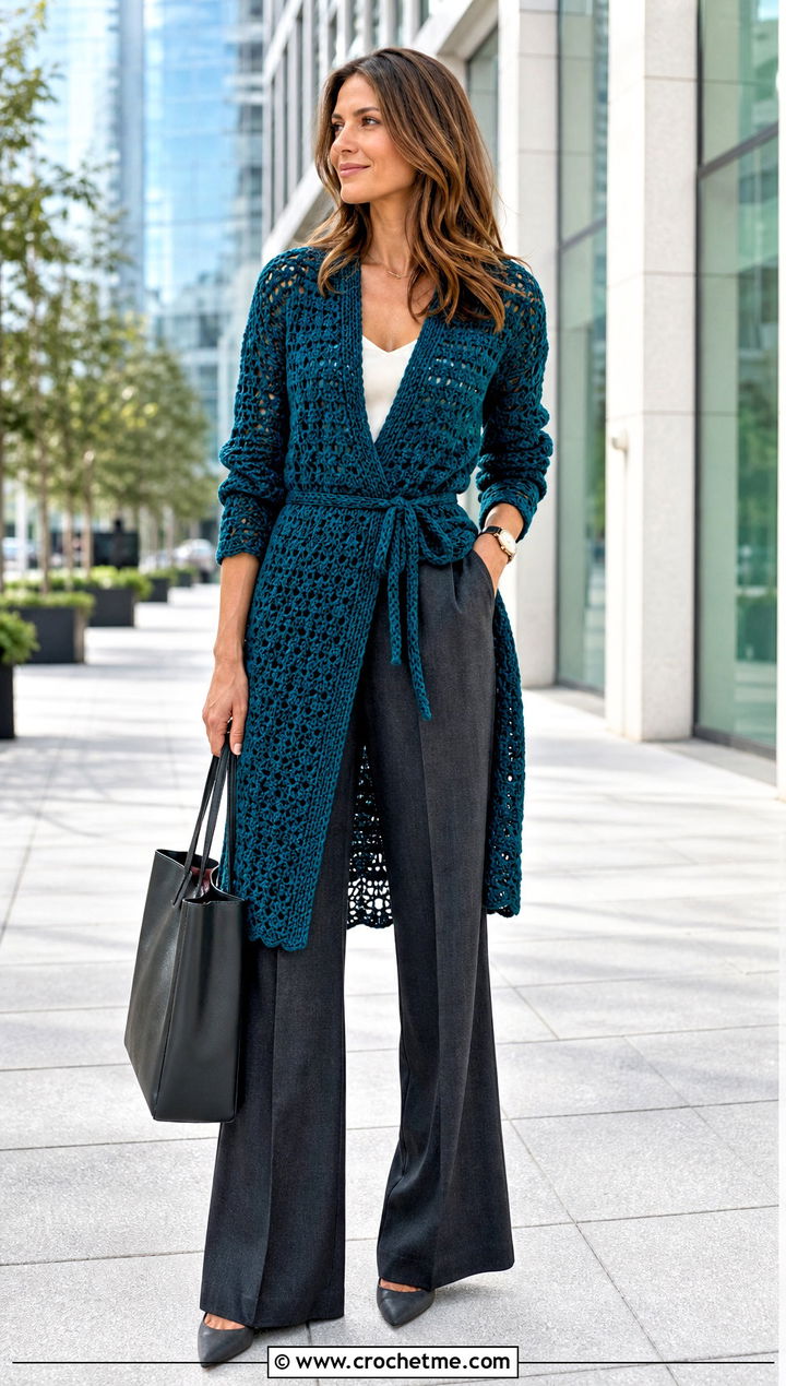 Longline Crochet Wrap Sweater With Wide Leg Trousers - 35 crochet wrap sweater outfit ideas