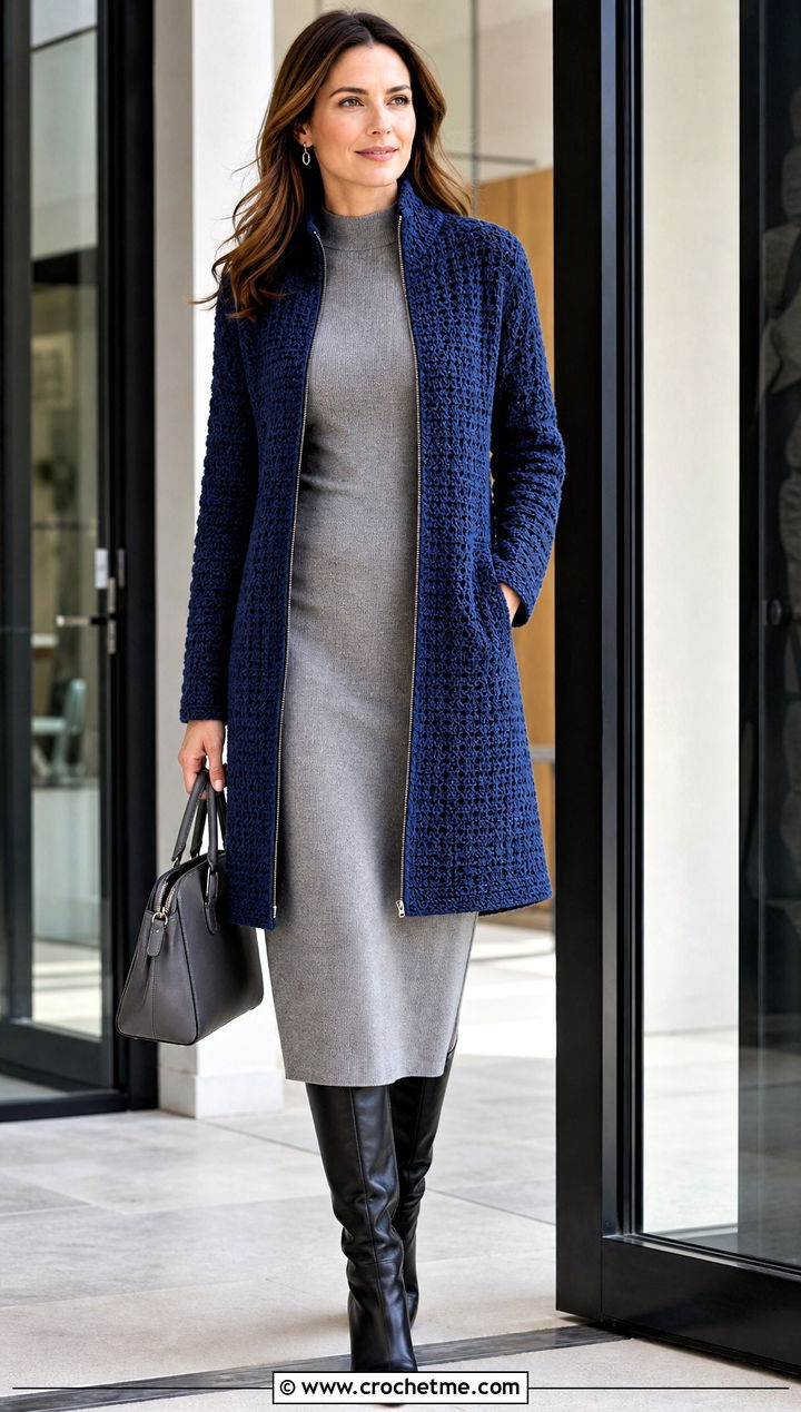 Longline Crochet Zip Jacket With Knit Dress - 25 crochet jacket with zipper outfit ideas