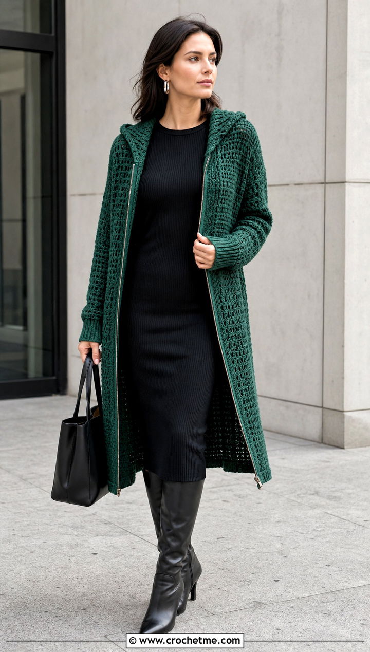 Longline Crochet Zip Up Hoodie With Column Dress - 30 crochet zip up hoodie outfit ideas