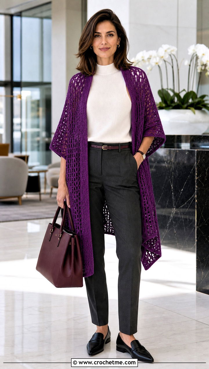 Longline Crocheted Ruana With Tailored Trousers - 20 Crocheted Ruana outfit ideas