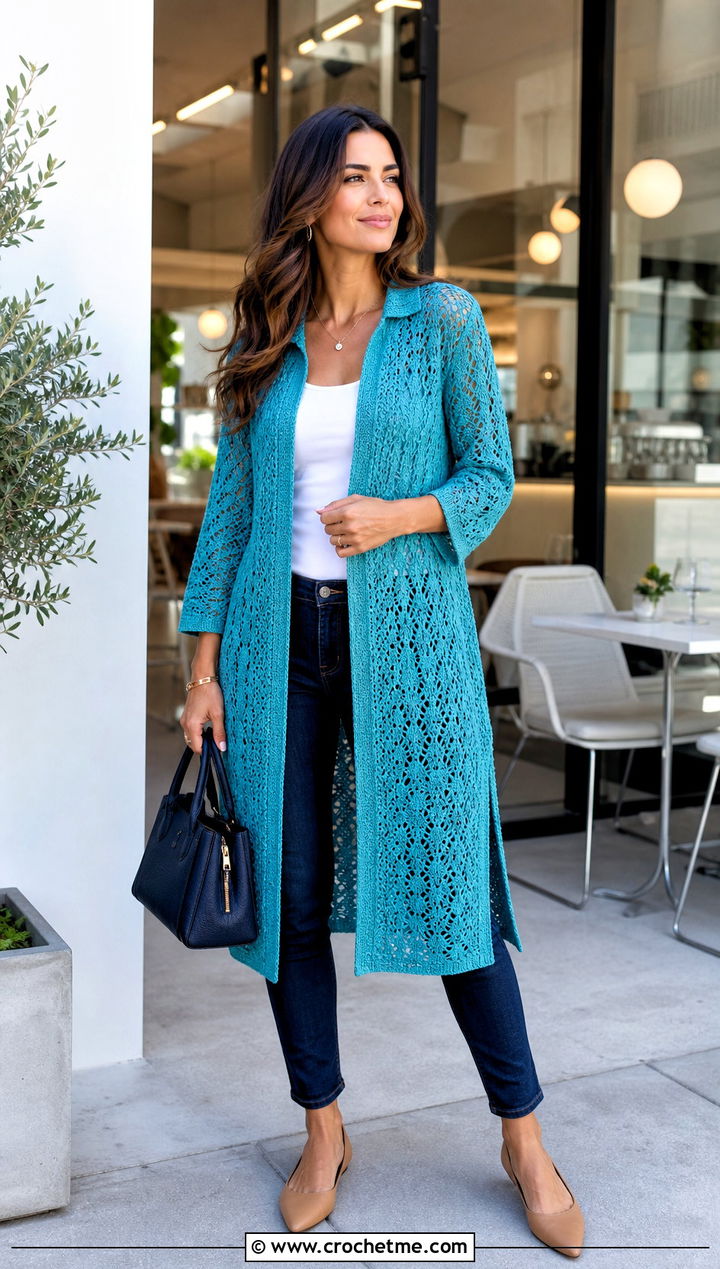 Longline Crocheted Shirt With Slim Jeans - 35 Crocheted Shirt outfit ideas