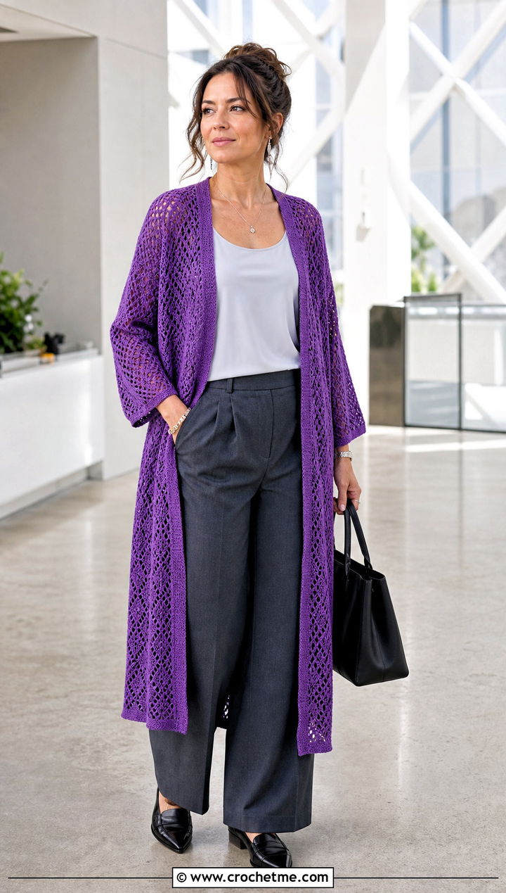 Longline Diamond Filet Crochet Cardigan With Tailored Trousers - 25 filet crochet cardigan outfit ideas