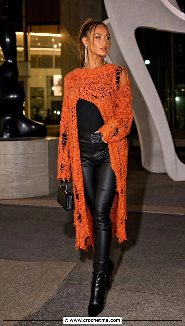 Longline Distressed Crochet Sweater With Faux Leather Pants - 35 distressed crochet sweater outfit ideas