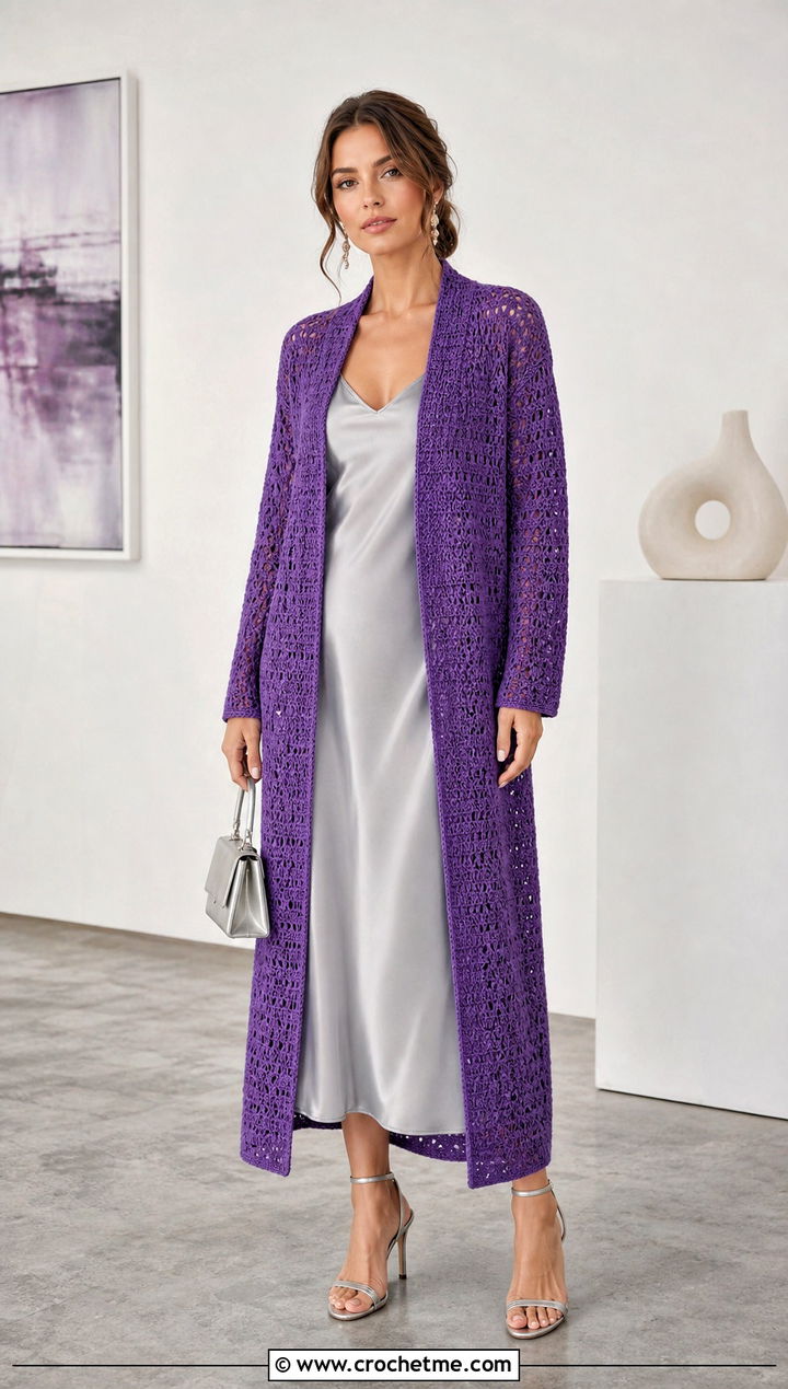 Longline Double Crochet Cardigan With Slip Dress - 25 Double Crochet Cardigan outfit ideas