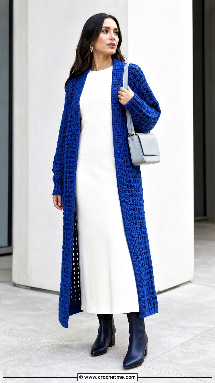 Longline Duster Cardigan With Column Dress - 35 chunky crochet cardigan outfit ideas