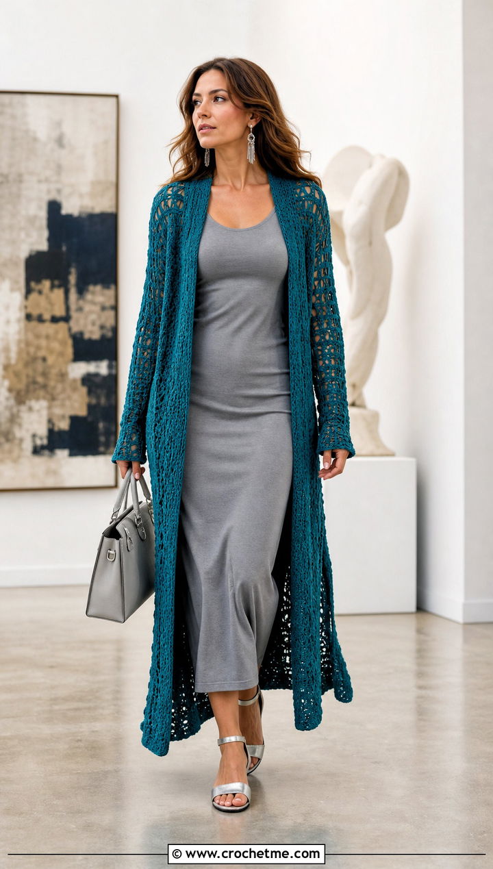 Longline Duster Crochet Cardigan With Column Dress - 15 easiest crochet cardigan outfit ideas