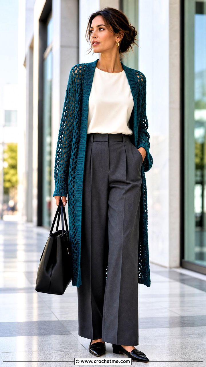 Longline Duster Crochet Cardigan With Office Trousers - 35 cute crochet cardigan outfit ideas