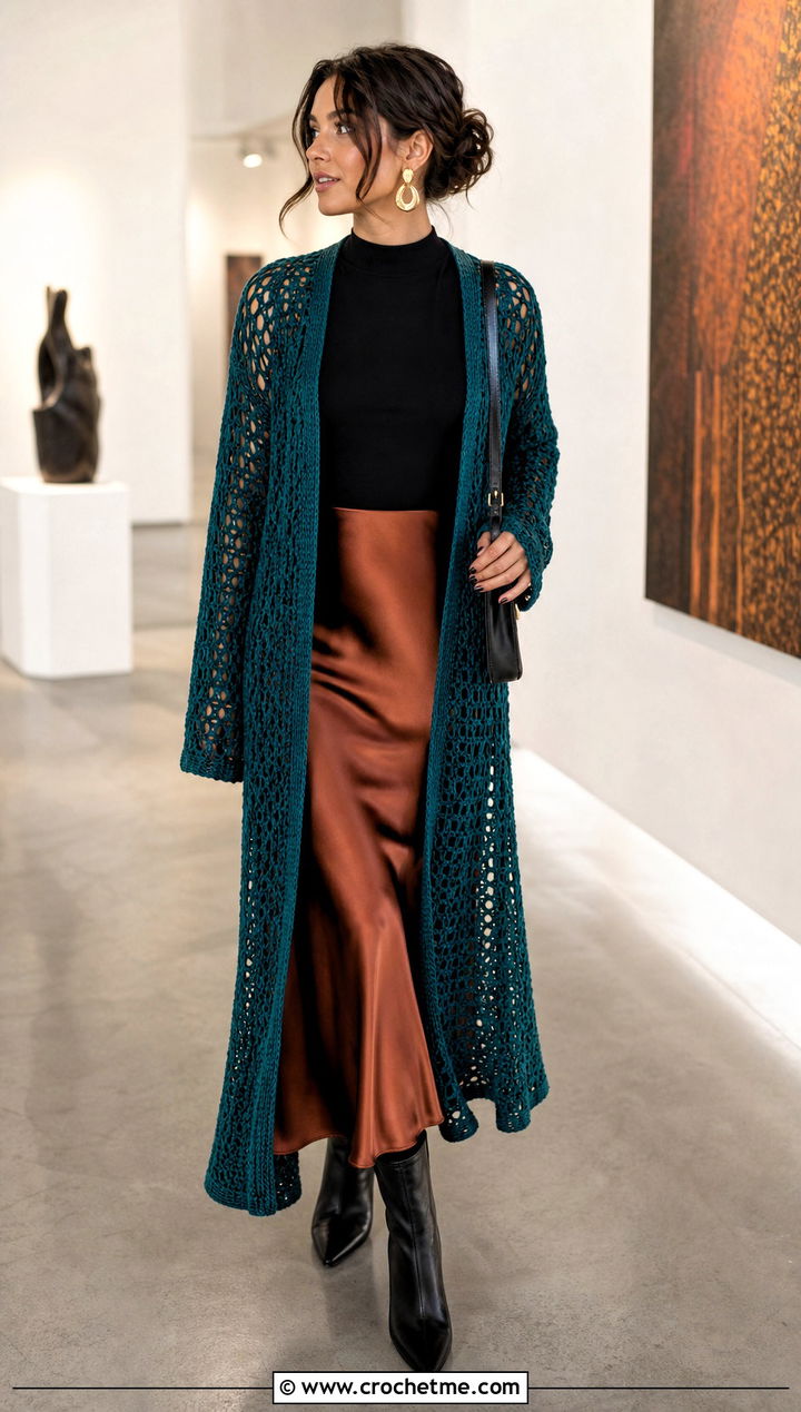 Longline Duster Crochet Cardigan With Satin Slip Skirt - 15 Autumn Crochet Cardigan Style outfit ideas