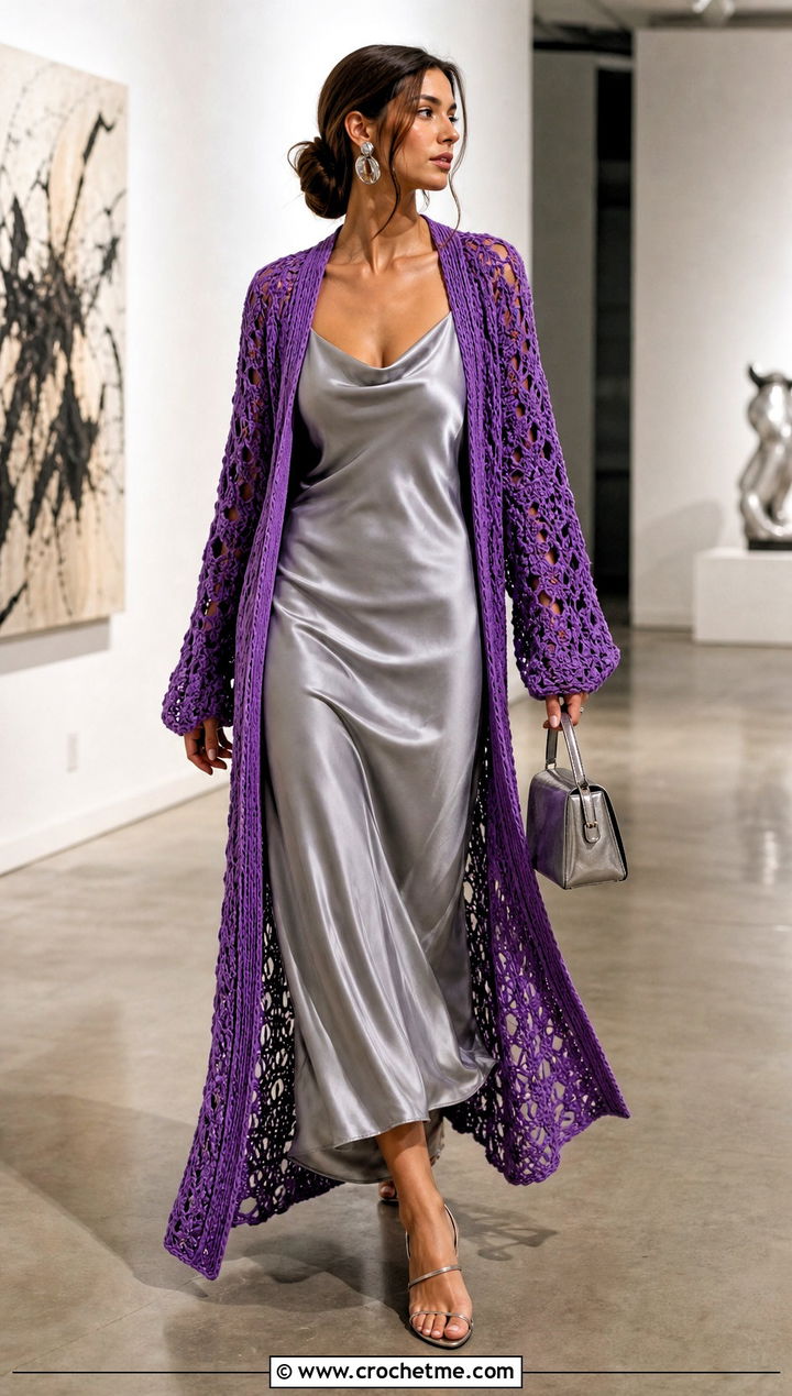 Longline Duster Crochet Cardigan With Slip Dress - 25 Crochet Cardigan Outfit Aesthetic outfit ideas