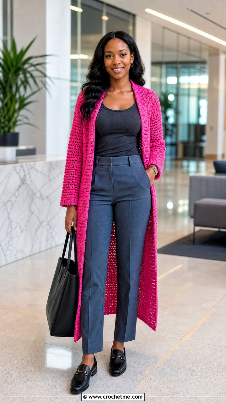 Longline Duster Crochet Cardigan With Tailored Trousers - 35 easy crochet cardigan women outfit ideas