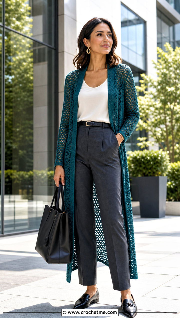 Longline Duster Crochet Cardigan With Tailored Trousers - 15 Women Crochet Cardigan outfit ideas