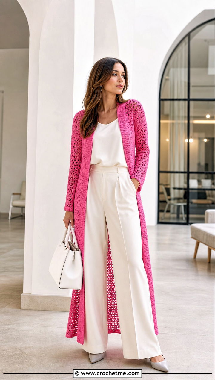 Longline Duster Crochet Cardigan With Tailored Trousers - 30 fast crochet cardigan outfit ideas