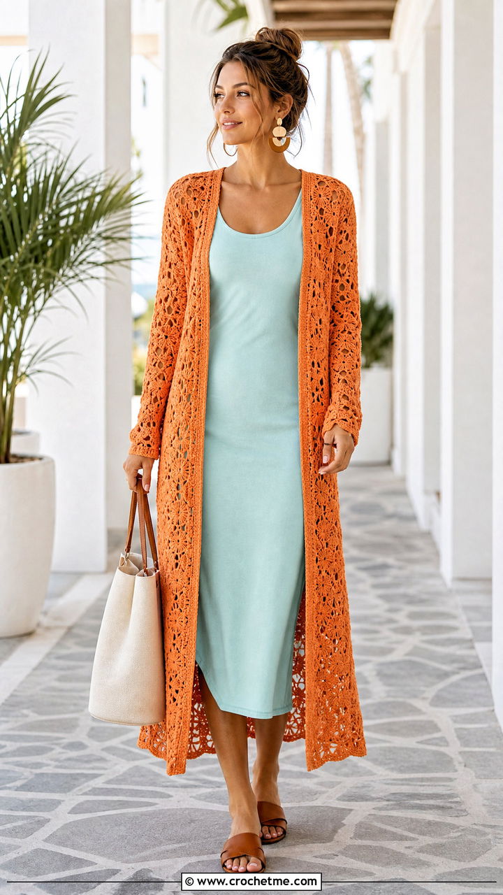 Longline Duster Crochet Cardigan With Tank Dress - 35 easy crochet cardigan outfit ideas