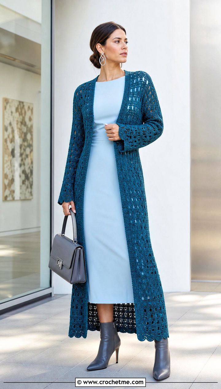 Longline Duster Crochet Long Sleeve Cardigan With Column Dress - 25 Crochet Long Sleeve Cardigan outfit ideas