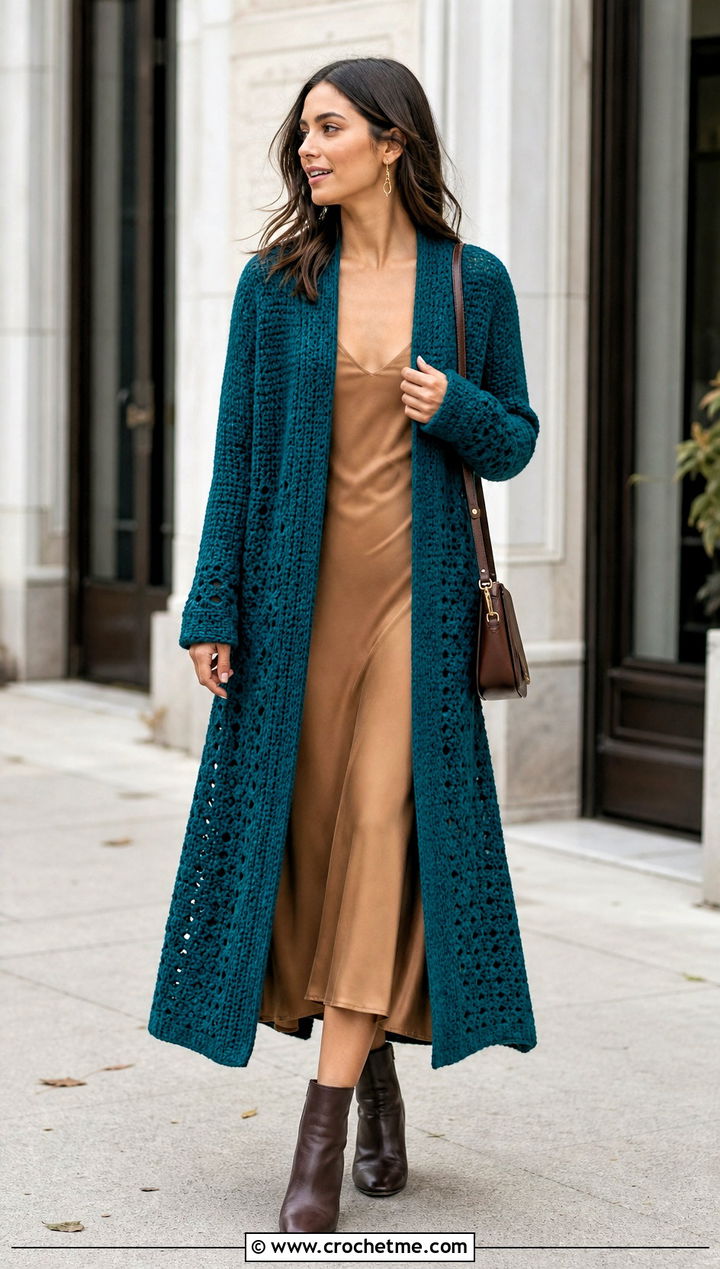 Longline Duster DK Crochet Cardigan With Slip Dress - 20 Dk Crochet Cardigan outfit ideas