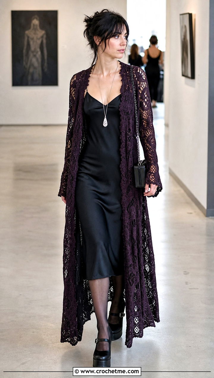 Longline Duster Goth Crochet Cardigan With Slip Dress - 15 goth crochet cardigan outfit ideas