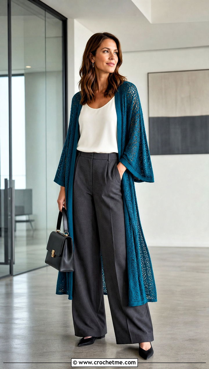 Longline Duster Kimono Cardigan With Tailored Trousers - 25 kimono crochet cardigan outfit ideas