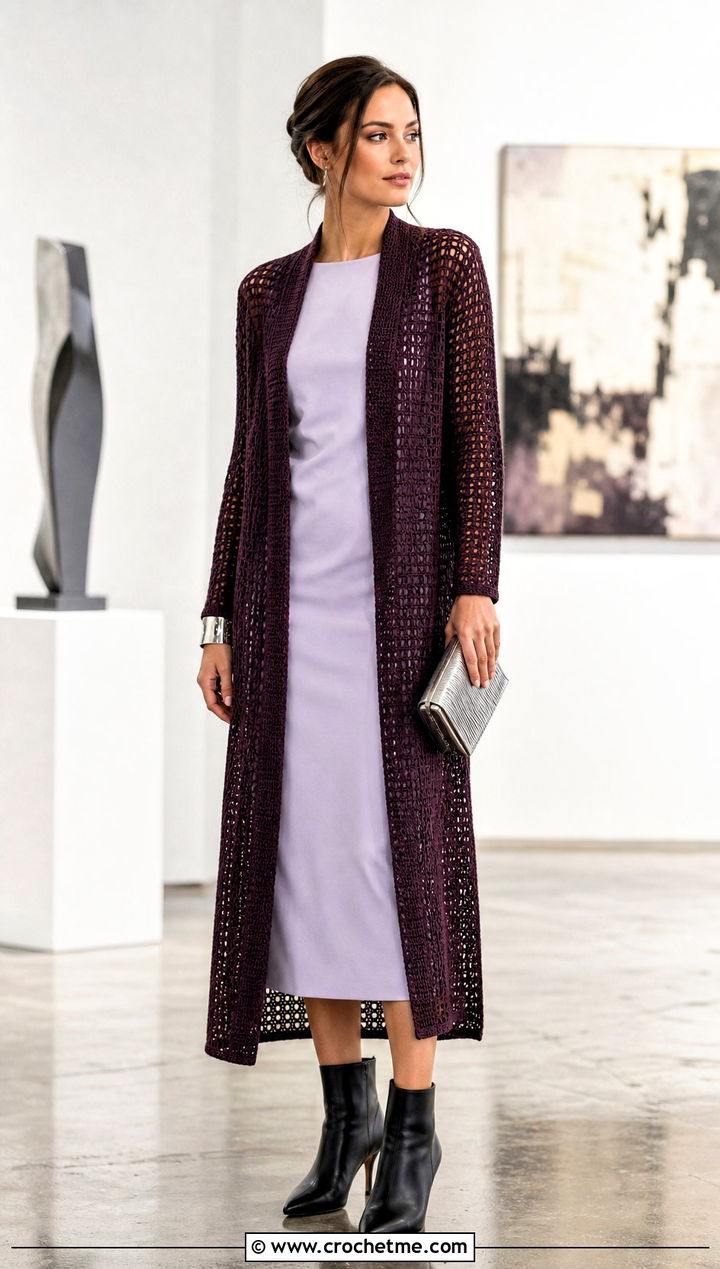 Longline Duster Rectangle Cardigan With Column Dress - 15 Crochet Rectangle Cardigan outfit ideas