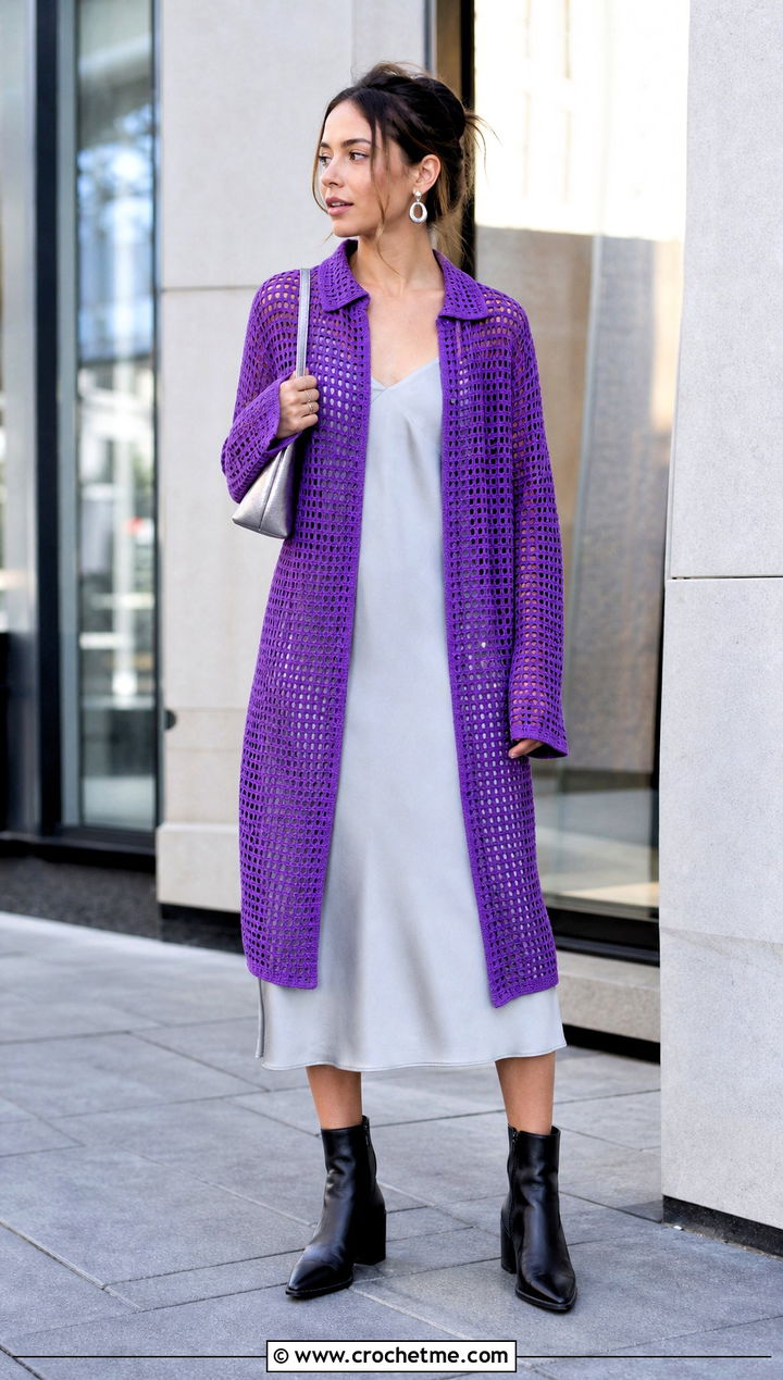 Longline Filet Crochet Shirt Over a Slip Dress - 30 filet crochet shirt outfit ideas