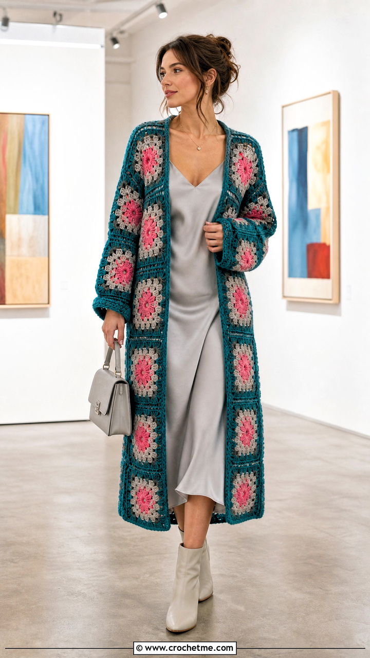Longline Floral Big Granny Square Cardigan With Slip Dress - 35 Big Granny Square Cardigan outfit ideas