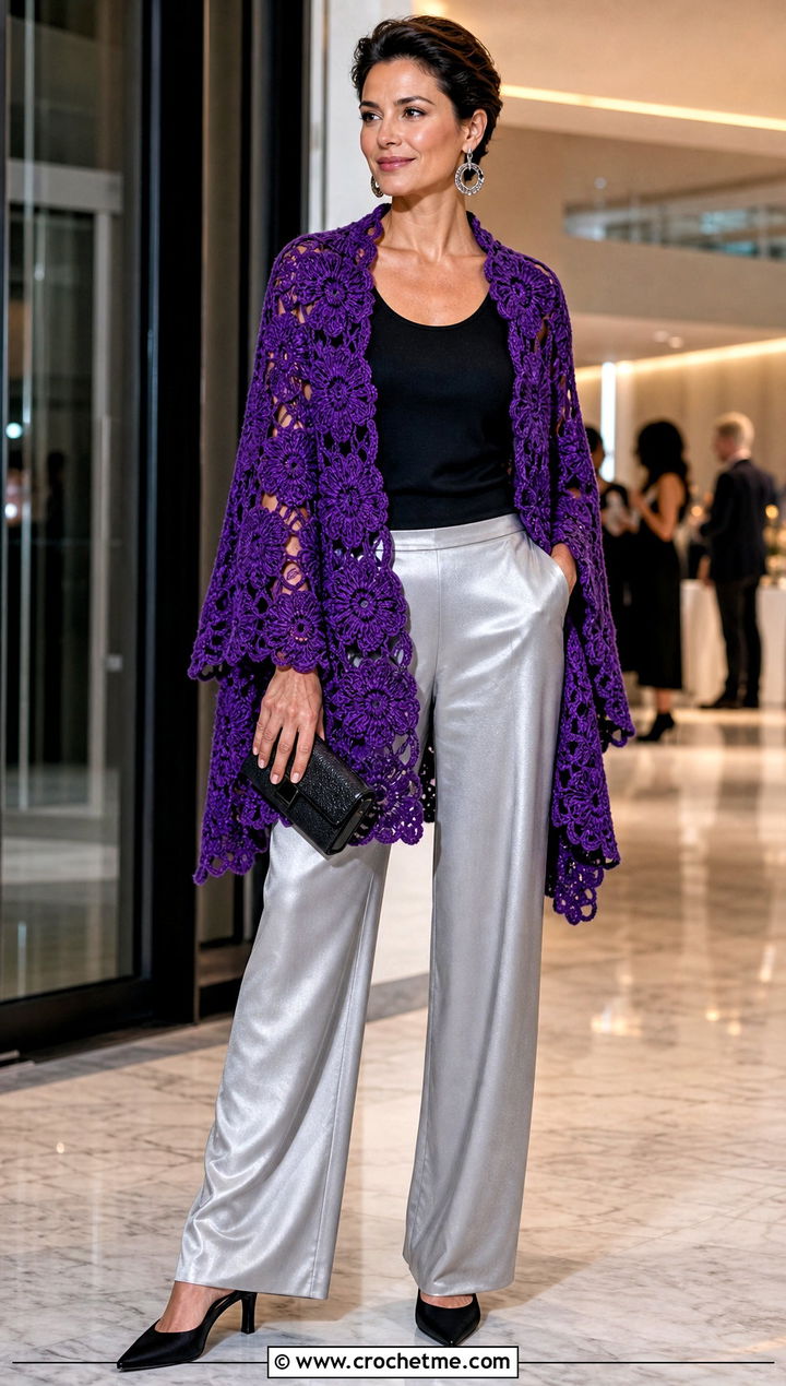 Longline Floral Crochet Poncho With Satin Pants - 25 Crochet Flower Poncho outfit ideas