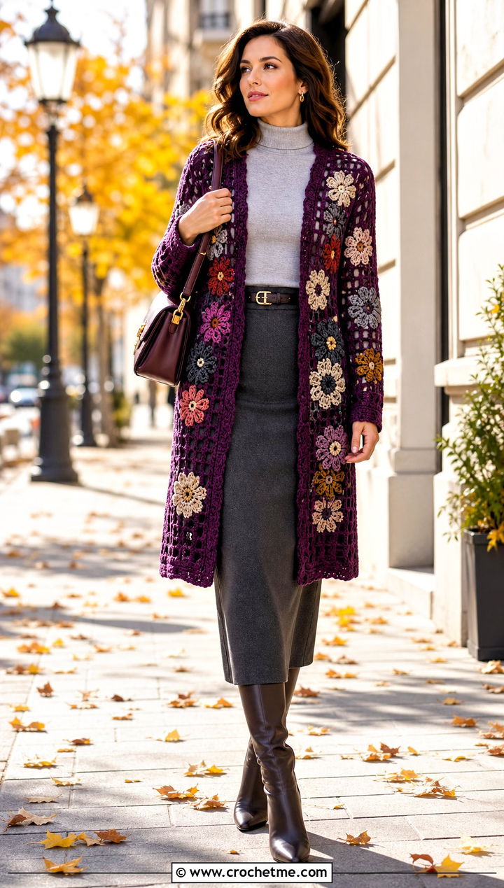 Longline Floral Crochet Sweater With Column Skirt - 15 floral crochet sweater style outfit ideas