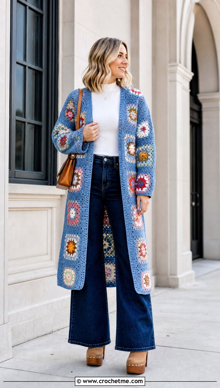 Longline Floral Granny Cardigan With Wide Leg Jeans - 30 crochet flower cardigan outfit ideas