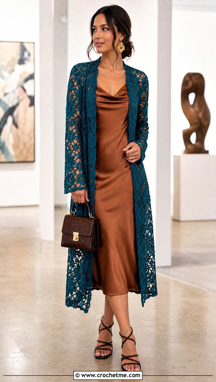 Longline Floral Lace Cardigan With Slip Dress - 15 crochet cardigan with lace sleeves outfit ideas