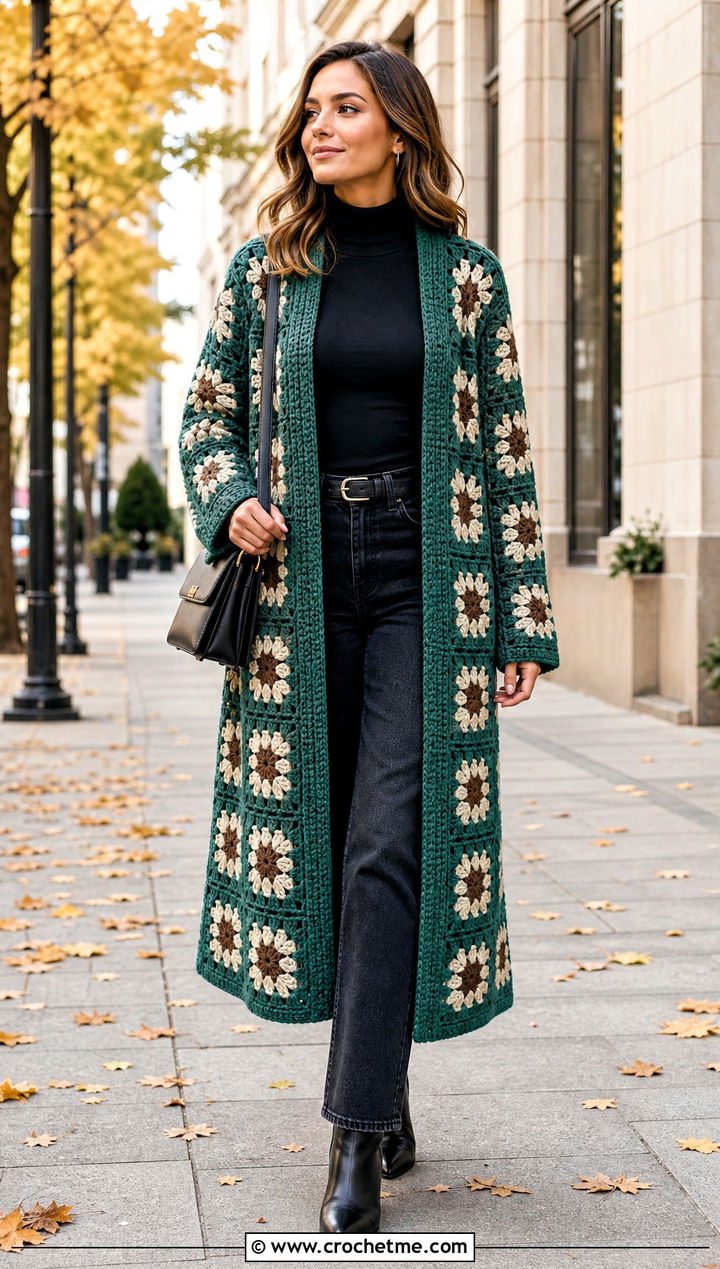 Longline Flower Crochet Cardigan With Turtleneck And Jeans - 25 Flower Crochet Cardigan outfit ideas