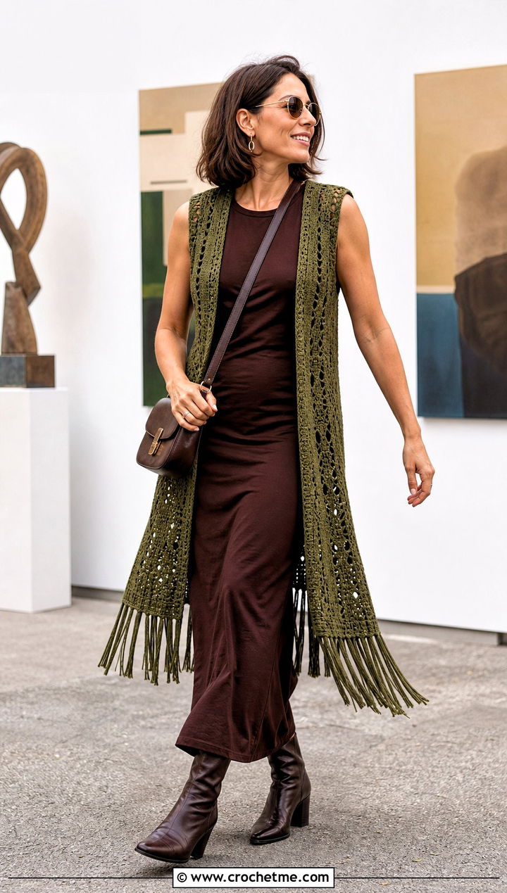 Longline Fringe Crochet Vest With Column Dress - 15 green crochet vest design outfit ideas