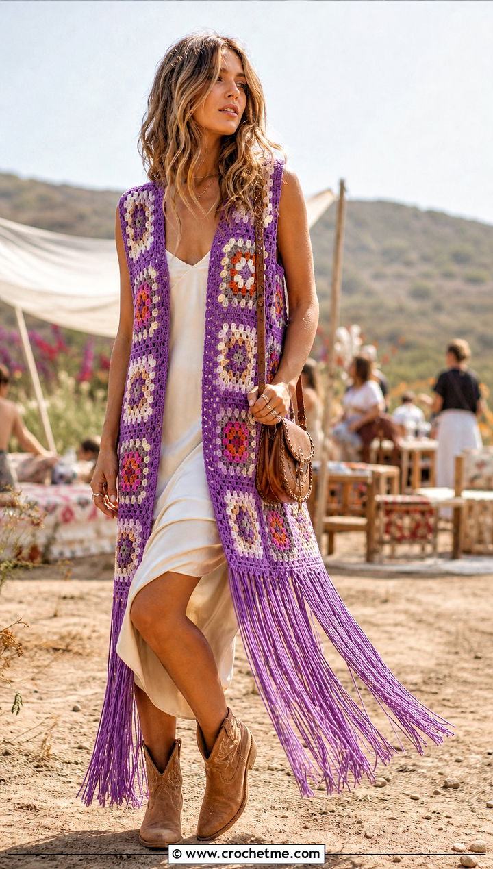 Longline Fringe Granny Square Sleeveless Vest With Slip Dress - 20 Granny Square Sleeveless Vest outfit ideas