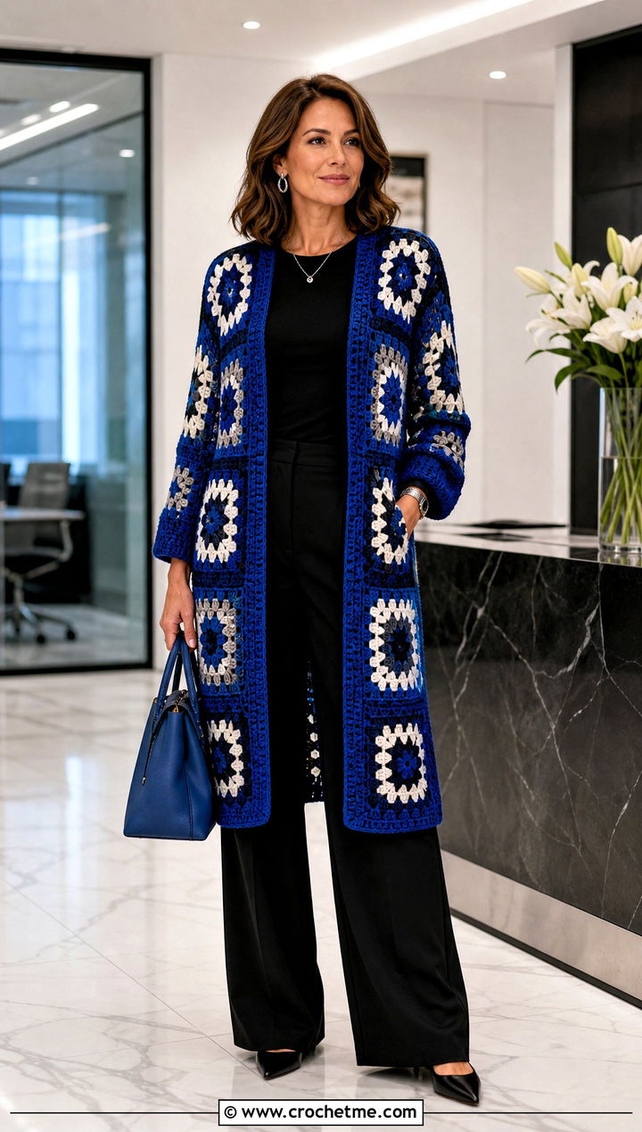 Longline Giant Granny Square Cardigan With Black Trousers - 35 giant granny square cardigan outfit ideas
