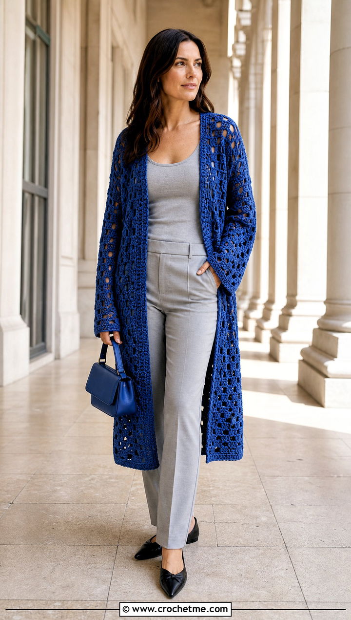Longline Giant Granny Square Sweater With Monochrome Basics - 30 giant granny square sweater outfit ideas