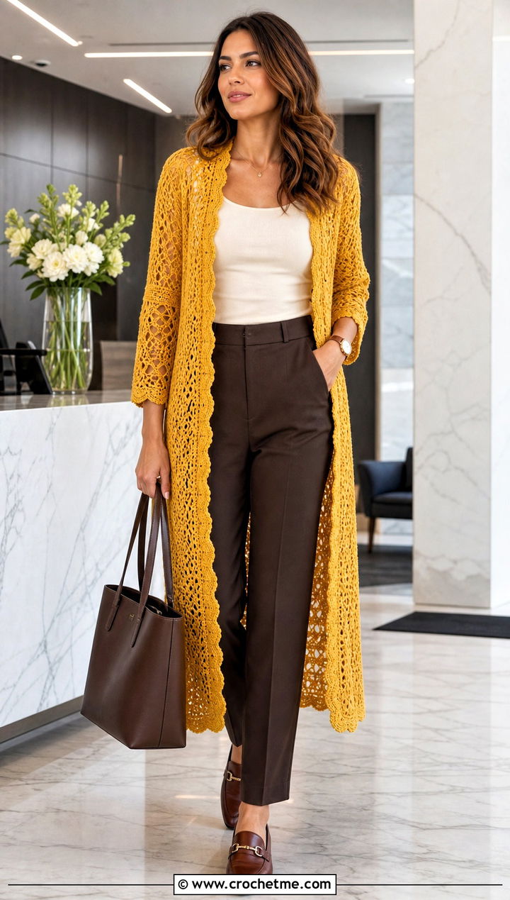 Longline Gold Crochet Duster Cardigan With Tailored Trousers - 15 gold crochet cardigan outfit ideas